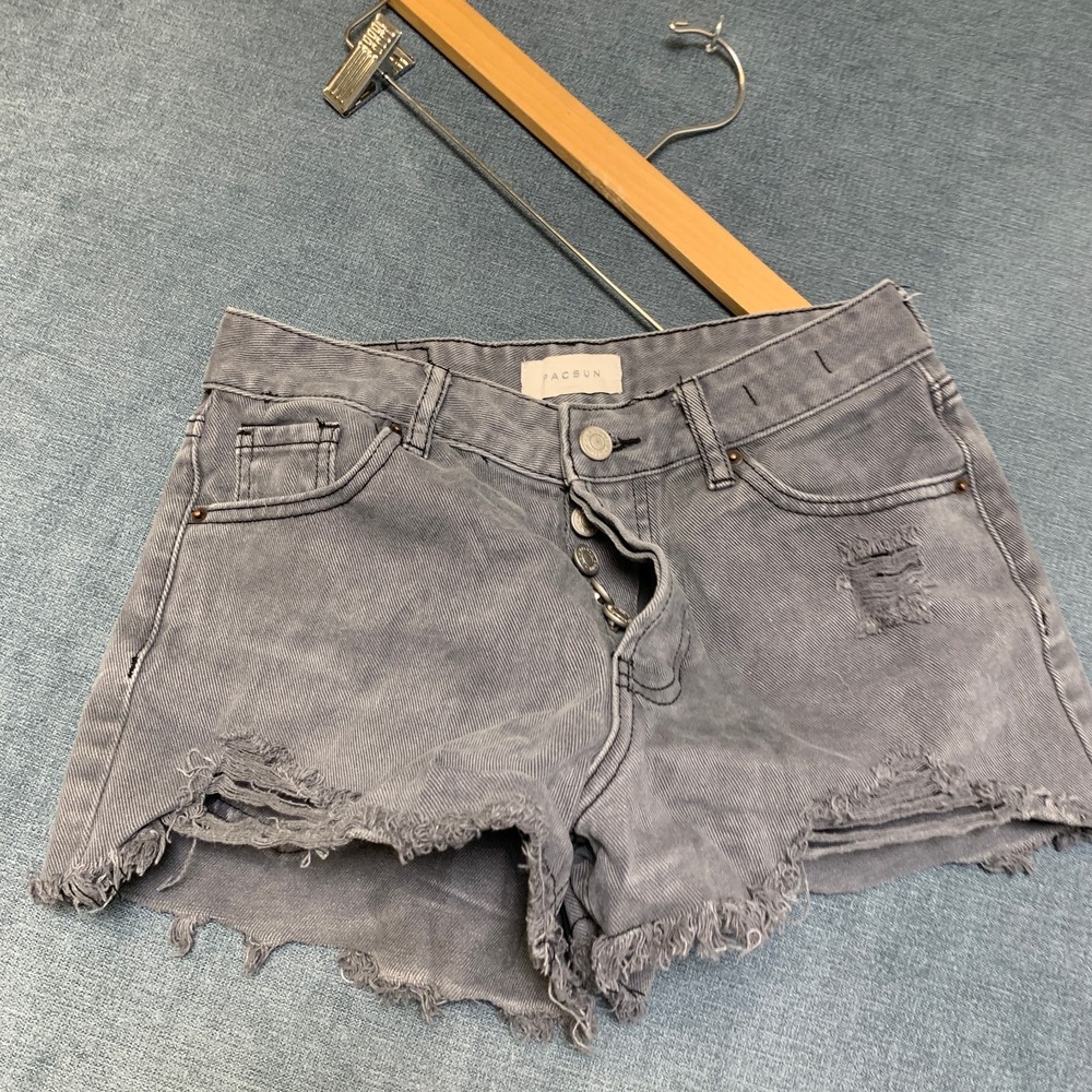 Pacsun Cut Off Shorts Women 26 Gray Distressed Medium Wash Frayed Hem Button Fly